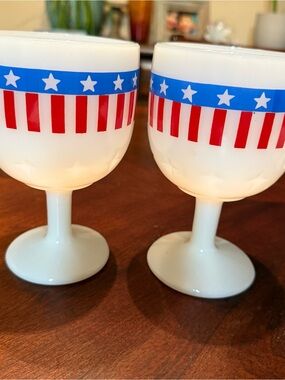 White Patriotic Milk Glass Goblets with Red & Blue Star Stripe